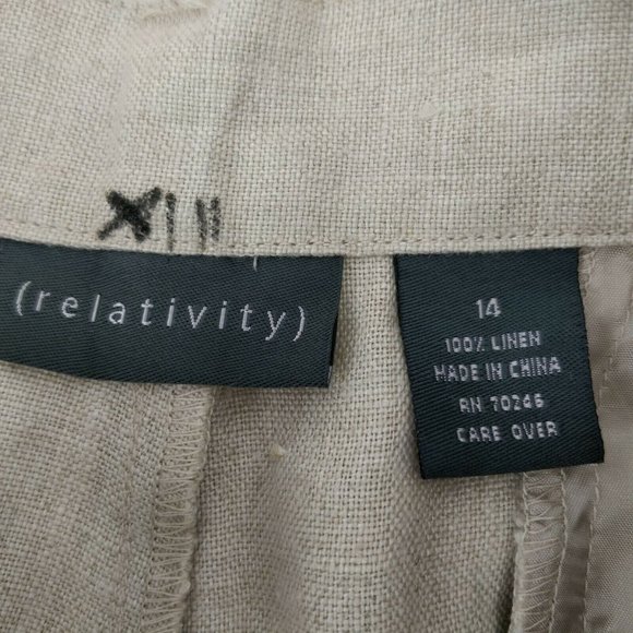 Relativity Size 14 100% Linen Beige Wide Leg Pockets Lagenlook Cropped Pants - Picture 8 of 9